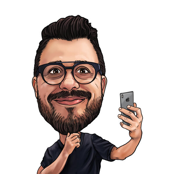 Uomo con la caricatura del fumetto del telefono cellulare in stile a colori da foto