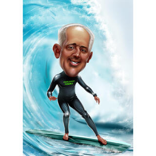Surfing Caricature with Exaggeration in Color Style on Wave Background