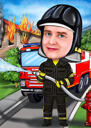 Vigile del fuoco con camion dei pompieri