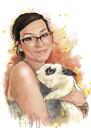 Карикатурный портрет девушки-любительницы домашних животных в традиционном натуральном стиле акварели из фотографий