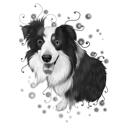 Border Collie Portrait Cartoon from Photos in Black and White Watercolor Style
