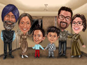Caricatura di tutto il corpo del gruppo con divertente esagerazione su sfondo personalizzato da foto