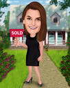 Weibliche Grundstücksmakler-Holding-Schlüssel und verkauftes Zeichen