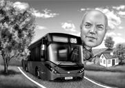 Caricatură șofer autobuz în stil alb-negru din fotografii