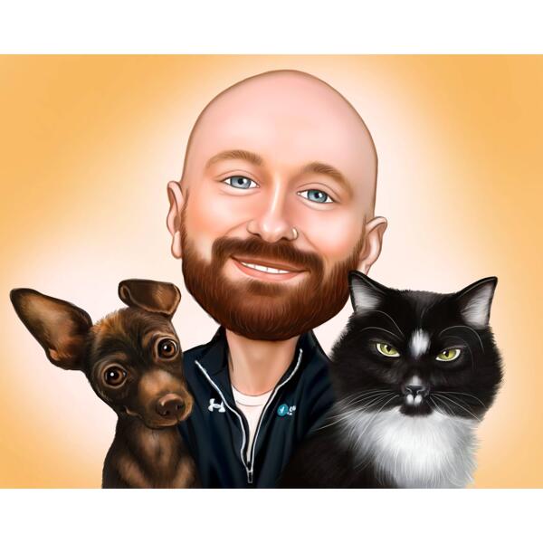Majitel s kočkou a psem kreslená karikatura kreslení z fotografií