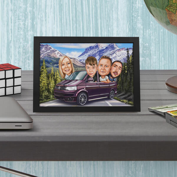 Stampa poster: disegno di caricatura di famiglia in auto con sfondo personalizzato