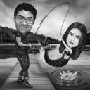Caricature de pêche drôle de couple dans un style noir et blanc avec fond personnalisé