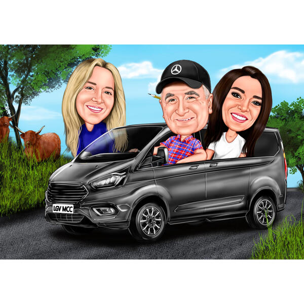 Caricatură de grup călătorind cu autobuzul