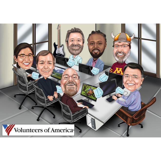 Group Caricature Working Together in Office