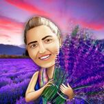 Dame in der Lavendelfeld-Karikatur von Fotos