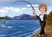 Caricatura del pescatore con sfondo del lago per gli amanti della pesca