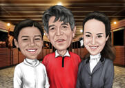 Caricature de groupe de trois personnes dans un style coloré avec fond personnalisé