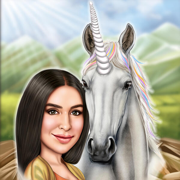 Portret de desene animate cu unicorn colorat
