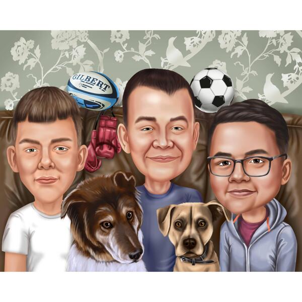 Head and Shoulders Sport Themed Persons with Pets Cartoon Drawing from Photos
