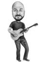Head and Shoulders Guitar Player Cartoon Portrait in Black and White Style