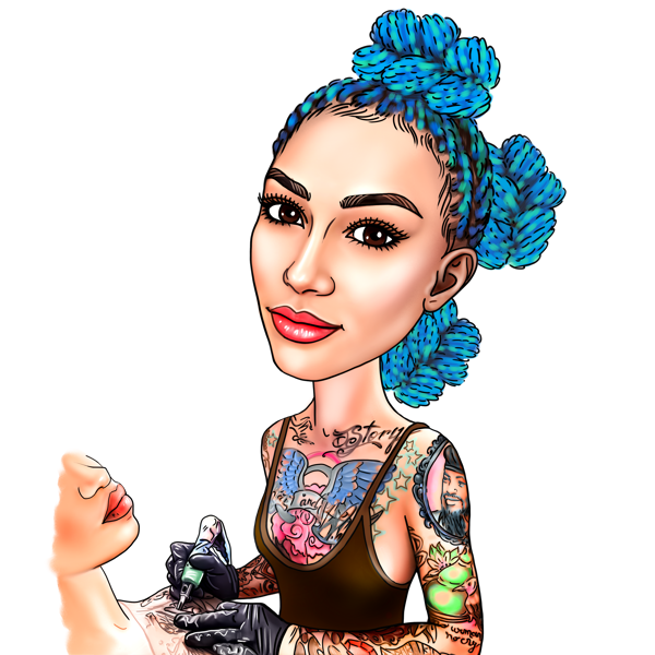 Caricatura de tatuadora femenina en estilo coloreado