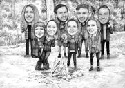 Happy Group Caricature in Black and White Style with Custom Background from Photos