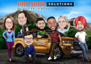 Full Body Company Caricature with Vehicle and Logo