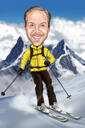 Caricatura de pessoa de esqui de corpo inteiro em estilo de cor com fundo de neve