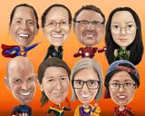 Karikatura skupiny superhrdinů velkých hlav z fotografií s barevným pozadím