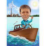 Caricatură de marinar pe o barcă de lemn