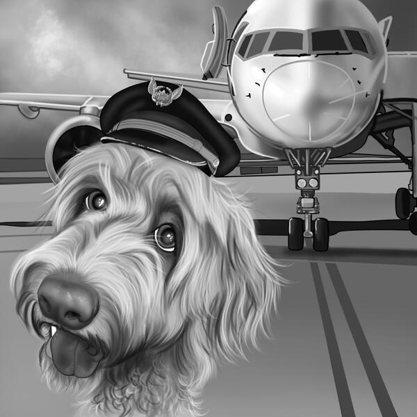Desene animat cu câine pilot în stil alb-negru