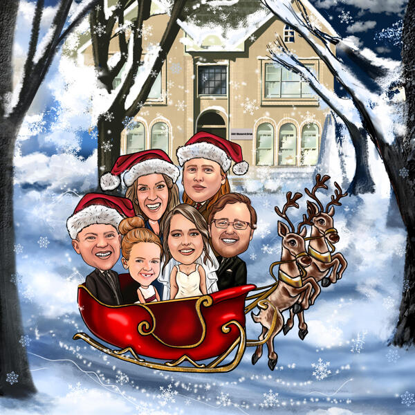 Caricature de famille dans le traîneau du Père Noël avec des rennes