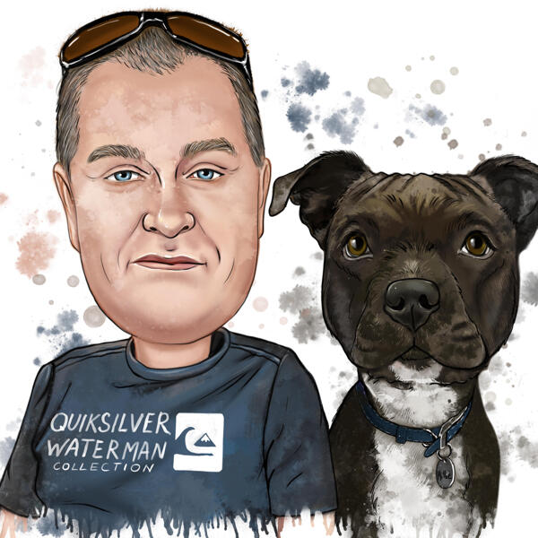 Retrato de homem com cachorro em aquarela natural