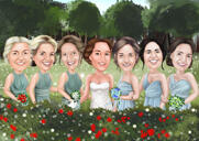 Bridesmaids Caricature in Matching Dresses