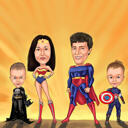 Caricature de famille de super-héros avec deux enfants à partir de photos avec fond de nuit mystérieuse