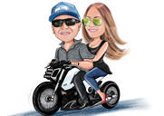 Pár karikatura na motocyklu Harley-Davidson s pozadím