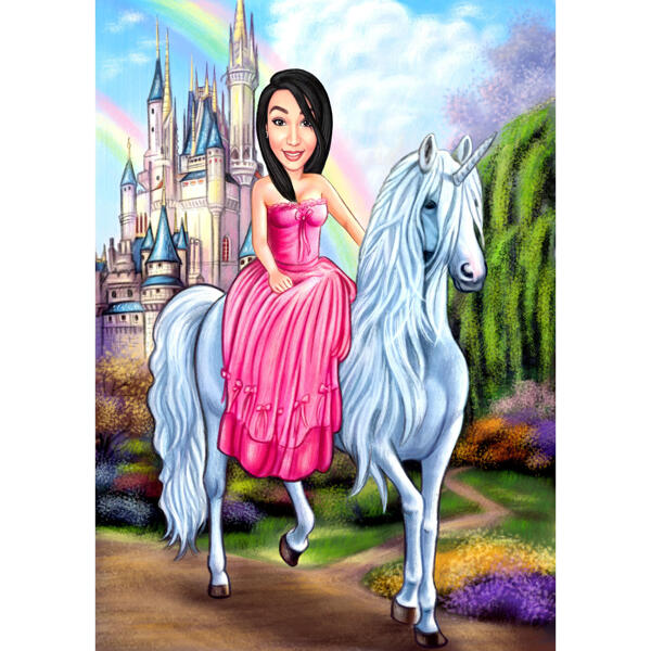 Caricatura de princesa em unicórnio com fundo