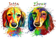 Couple of Spaniel Dogs Caricature Portrait in Bright Neon Watercolor Style from Photos