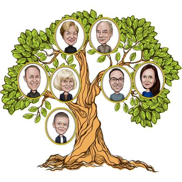 Divertente caricatura dell'albero genealogico stampata su tela di grandi dimensioni