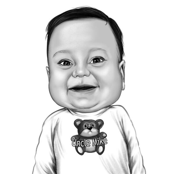 Retrato de caricatura de bebê menino da foto em estilo preto e branco