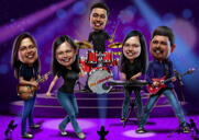 Caricatura di musicista di famiglia con batteria e tromba