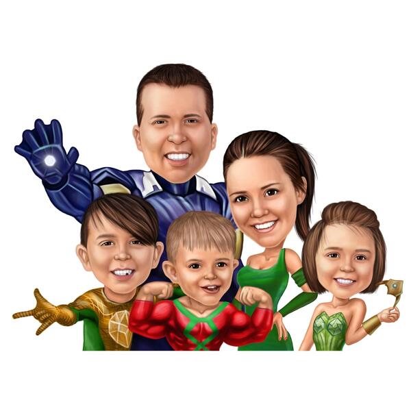 Цветная карикатура семьи в костюмах супер героев.