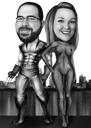 Disegno di caricatura di supereroe in stile bianco e nero