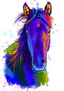 Portret de caricatură de cal din fotografii în stil acuarelă curcubeu neon