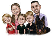 Familie personalizată cu caricatură de câine pe un fundal colorat din fotografie