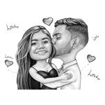 Amoureuze kus op wang paar tekening in zwart-wit stijl met aangepaste achtergrond