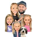 Familie met hond, karikatuur van een foto.