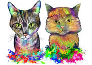 Mixed Cats Breed Caricature Portrait in Watercolor Style from Photos