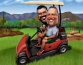 Paar mit Haustierkarikatur im Golfwagen
