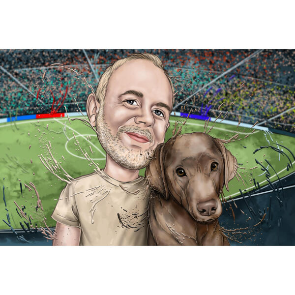 Dueño con perro - Retrato estilo acuarela con fondo personalizado