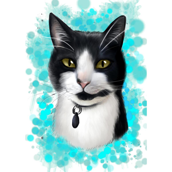 Retrato de dibujos animados de gato blanco y negro con fondo turquesa en estilo acuarela