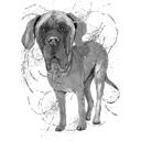 Pilns ķermenis, melns svina dogu suns karikatūras zīmējums no fotoattēla akvareļa stilā