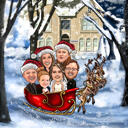Family Caricature in Santa's Sleigh with Reindeers
