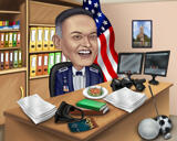Ar roku zīmēta biroja galda karikatūra
