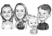 Caricature de groupe de classe en noir et blanc : enfants avec dessin de l'enseignant